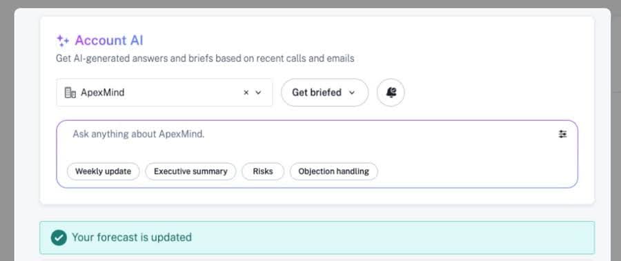 Gong Account AI dashboard featuring AI-generated briefs and conversation summaries for sales teams.
