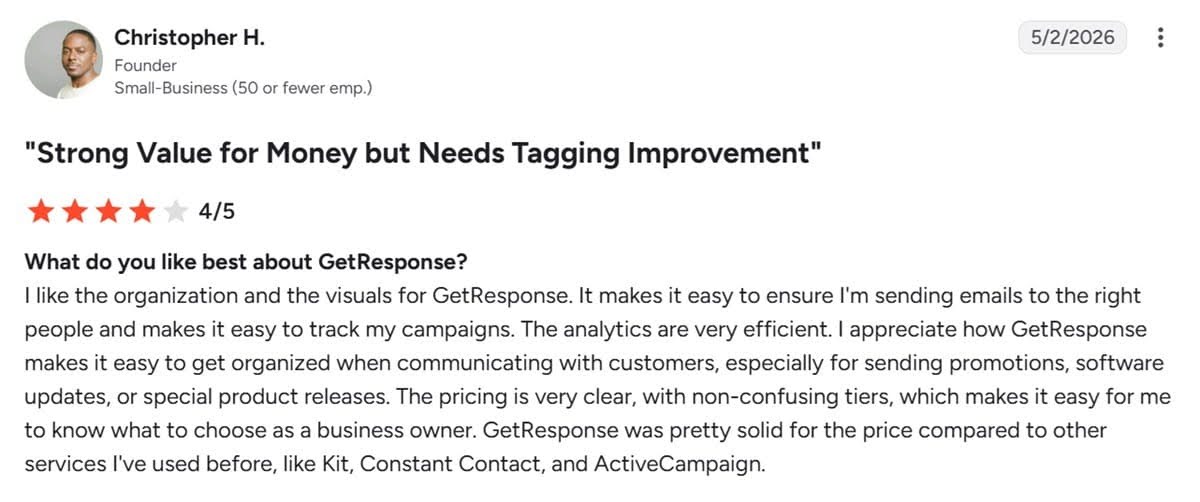 Customer review on G2 highlighting the value for money and pricing clarity of GetResponse.