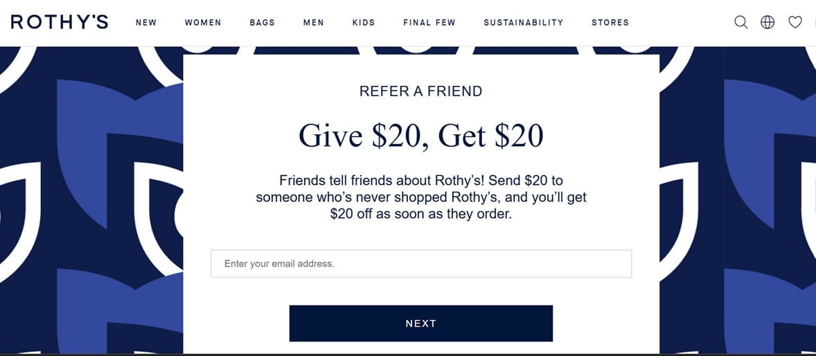 Rothy’s referral page advertising a $20 reward for the referrer and $20 off for a new customer.