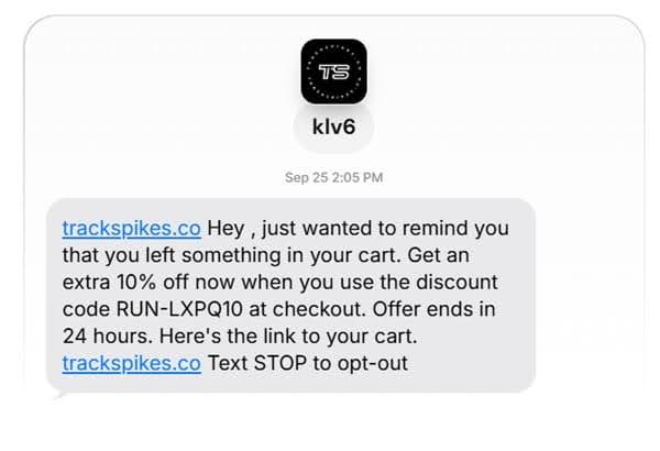 Track Spikes abandoned cart SMS reminder with 10% discount code