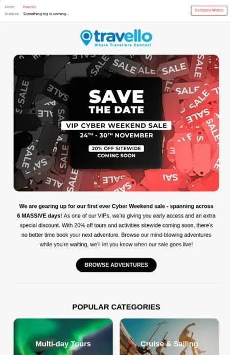Travello early access email offering VIP Cyber Weekend sale discounts