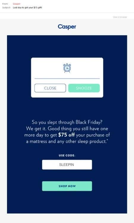 Casper post-Black Friday re-engagement email with extended discount code