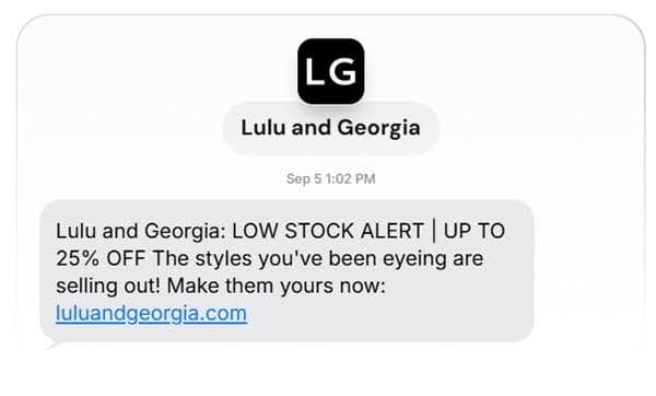 Lulu and Georgia low-stock SMS notification offering up to 25% off