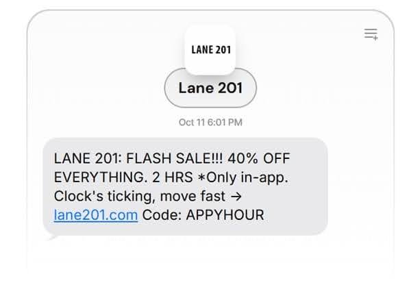 Lane201 flash sale SMS notification offering 40% off in-app