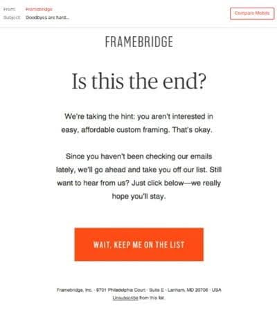 Framebridge re-engagement email asking customers to stay subscribed