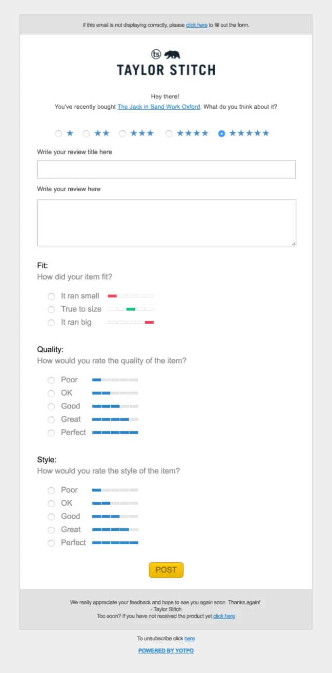 Taylor Stitch post-purchase survey email for collecting product feedback
