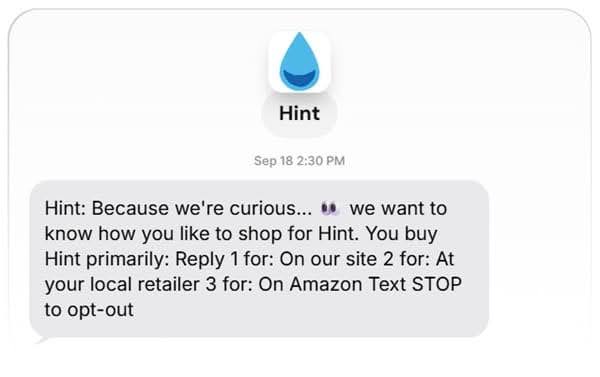Hint Water interactive survey SMS collecting customer shopping preferences