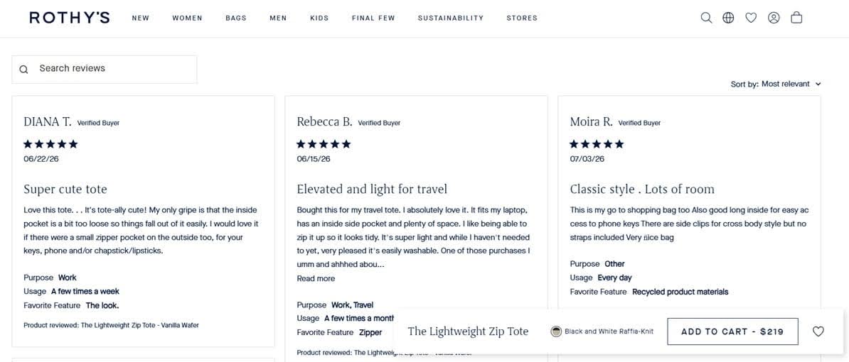 Three verified-buyer reviews with five-star ratings on Rothy’s Lightweight Zip Tote product page.