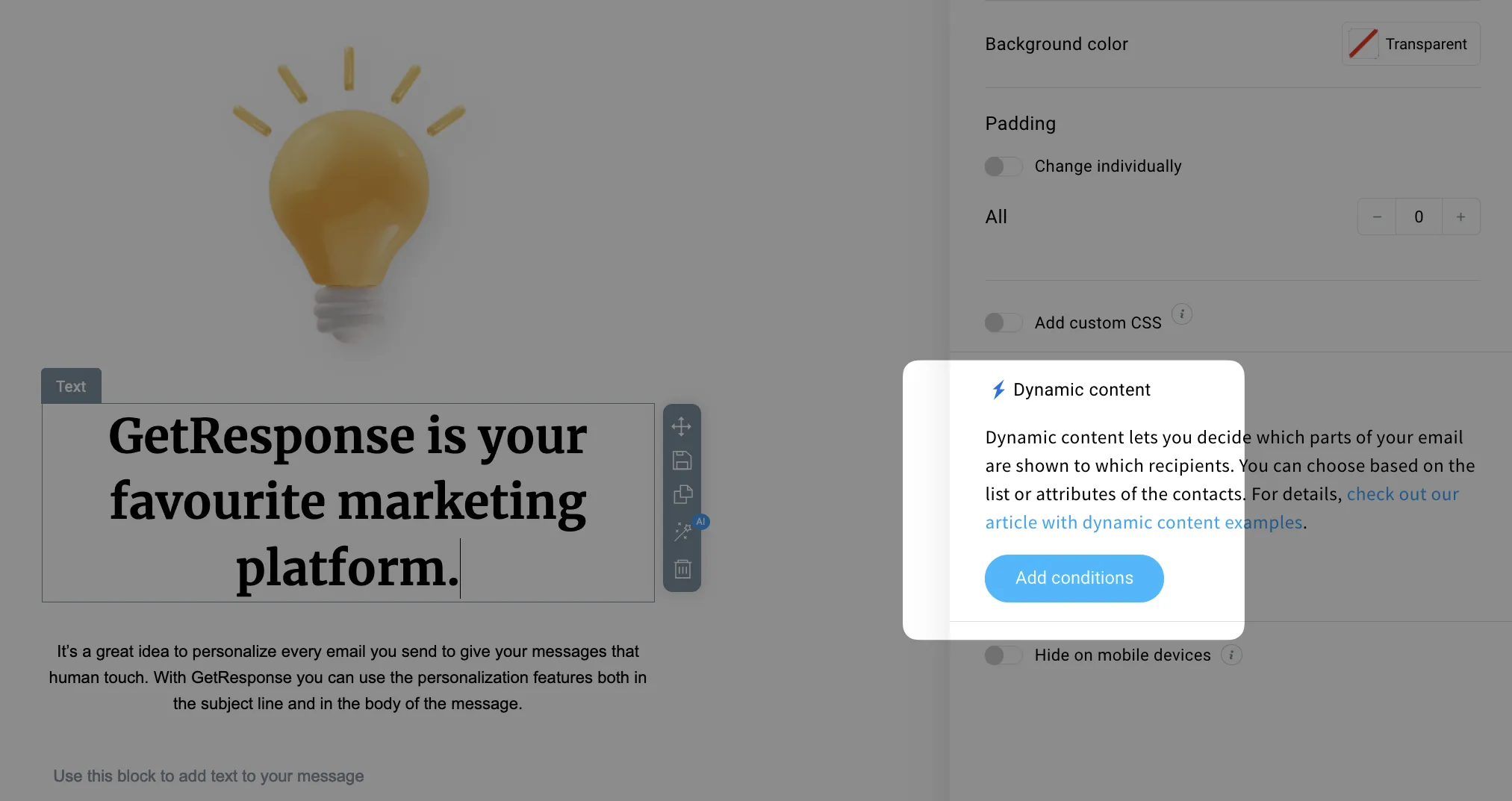 GetResponse email builder showing dynamic content block settings for audience personalization.