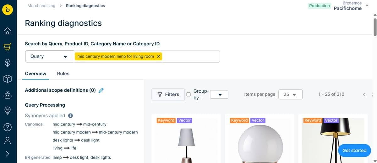 Bloomreach ranking diagnostics dashboard showing search query rules and query processing setup.