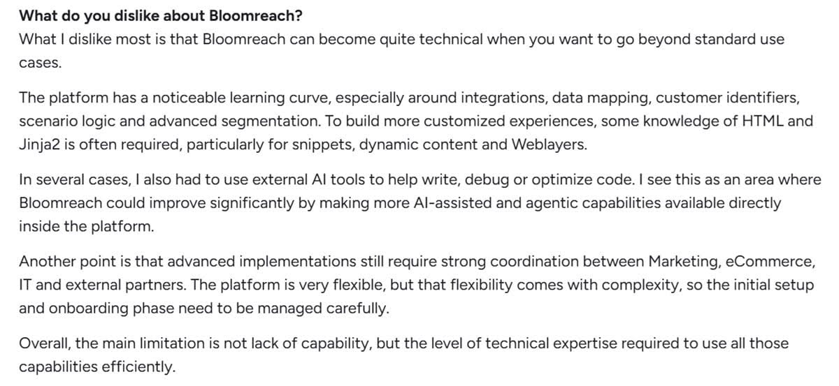 Bloomreach G2 user review highlighting technical setup complexity and learning curve.