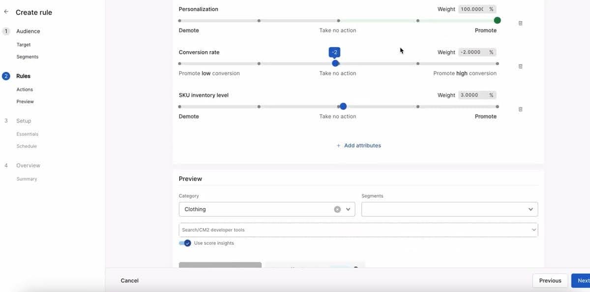 Nosto rule creation interface for personalizing product search weights and inventory parameters.