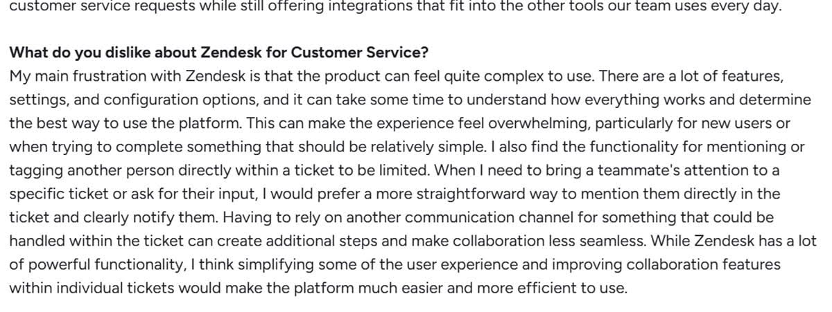 Screenshot of a G2 user review detailing feedback and usability insights on Zendesk for customer service.