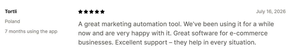 Tortli’s July 16, 2026 Shopify review praising GetResponse marketing automation and customer support