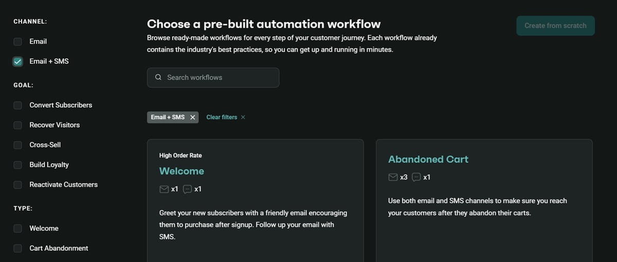 Omnisend automation library filtered to email and SMS, showing welcome and abandoned cart workflows