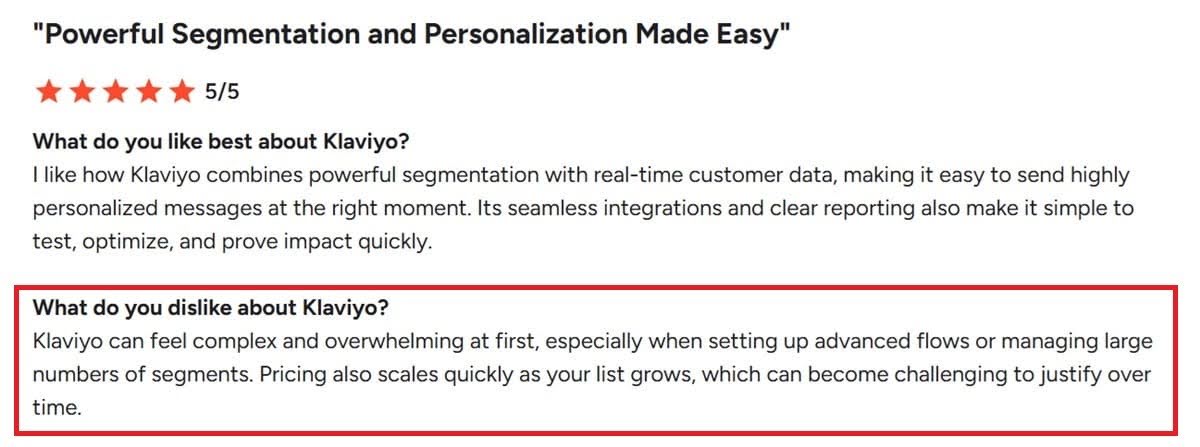 Klaviyo customer review praising segmentation and reporting while noting setup complexity and rising costs