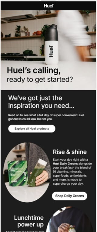 Huel product-guidance email showing how different products could fit into a daily routine.