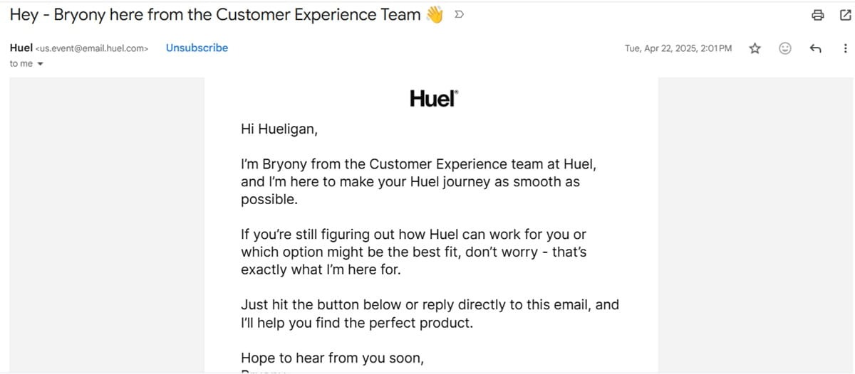Huel email introducing Bryony from the customer experience team and inviting replies for help choosing a product.