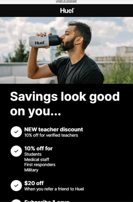 Huel email listing discounts for eligible customer groups and a refer-a-friend reward.