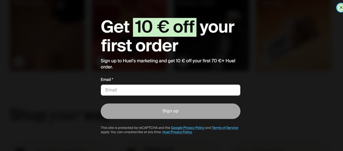Huel email signup form offering €10 off a first order of €70 or more.