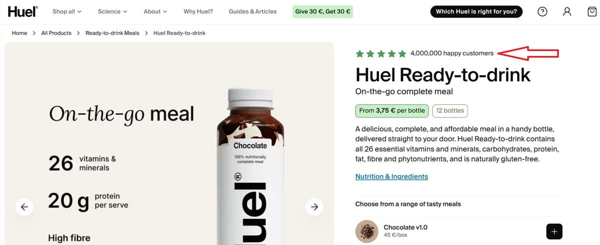 Huel Ready-to-drink product page highlighting a customer-count claim and star icons above the product name.