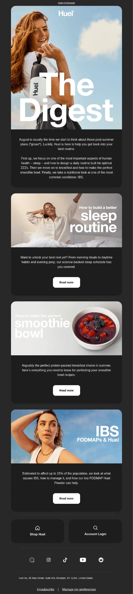 Huel’s The Digest newsletter featuring a sleep-routine article, a smoothie bowl, and product-related reading.