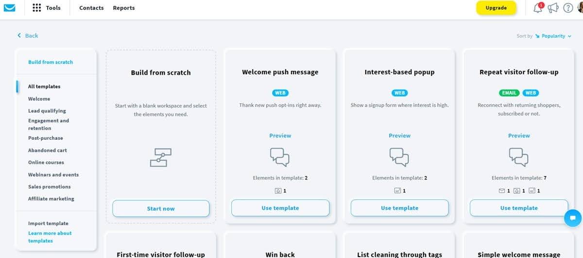 GetResponse automation template library with welcome, retention, post-purchase, and abandoned cart categories.