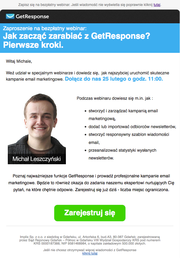 Zaproszenie na webinar GetResponse