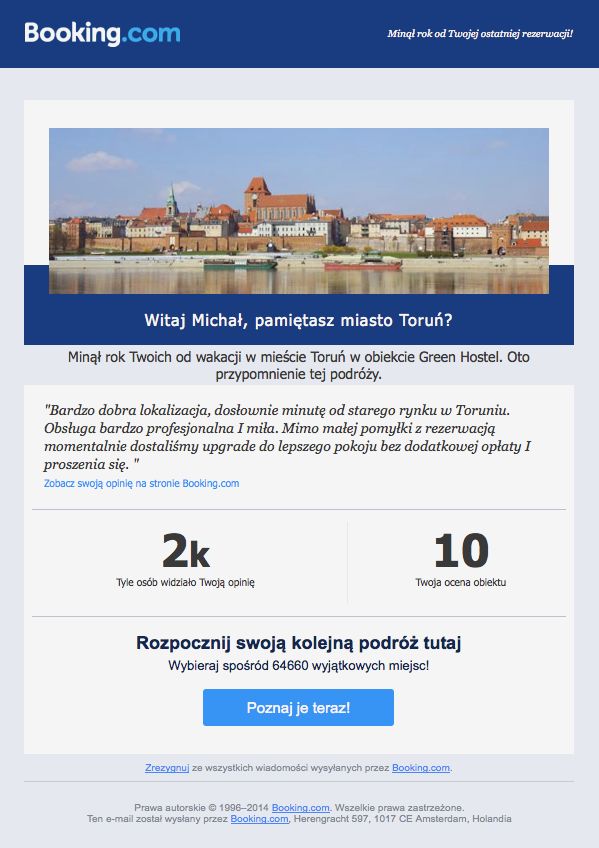 Wiadomość reaktywacyjna Booking.com