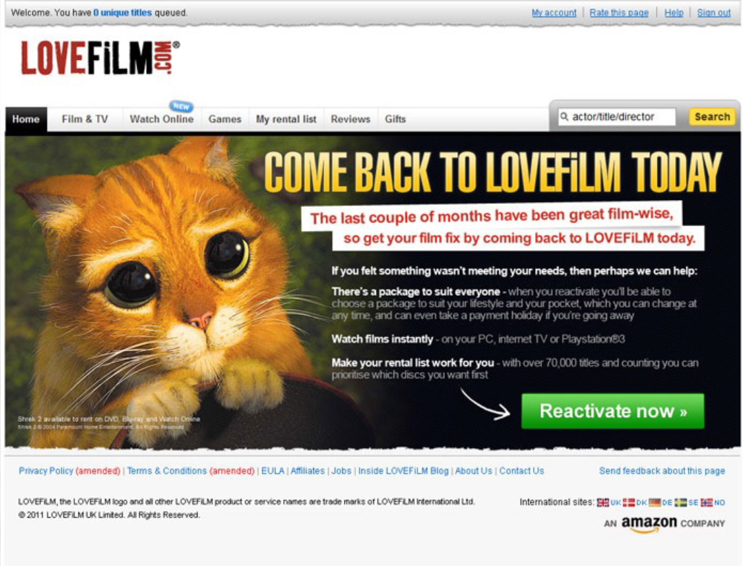 Wiadomość reaktywacyjna Lovefilm.com