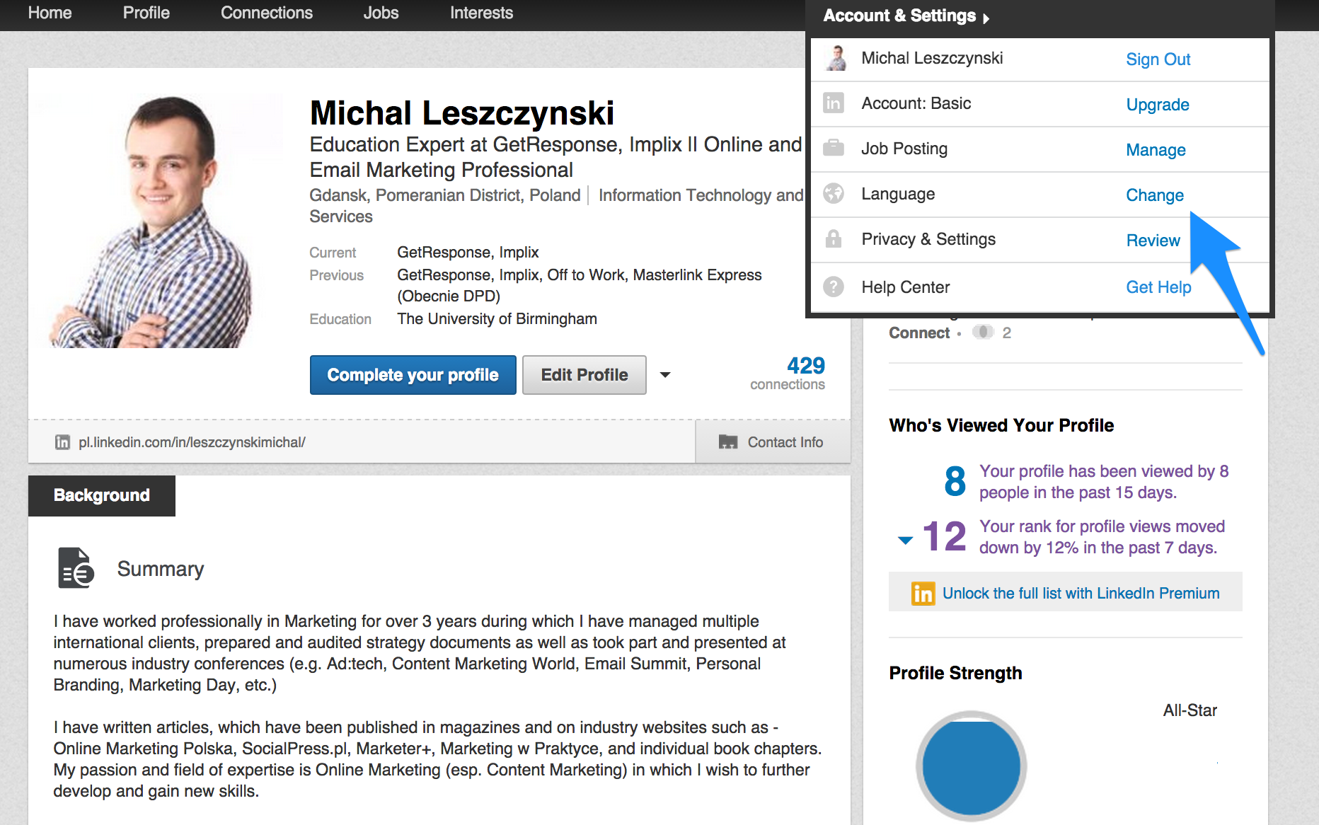 LinkedIn 6 - Zmiana języka