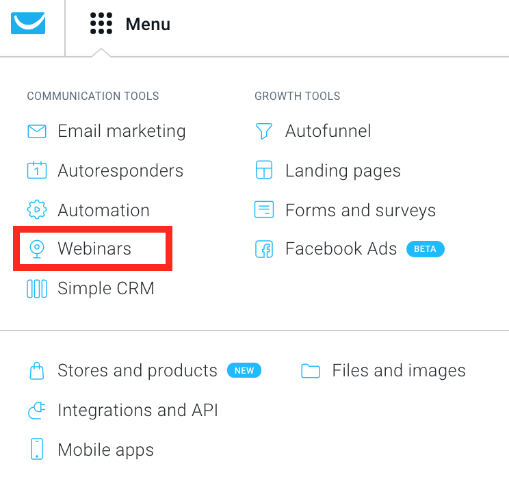Webinars in GetResponse menu.