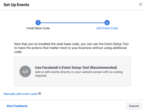 Choosing between Facebook Event Setup Tool and Manually adding the event code.