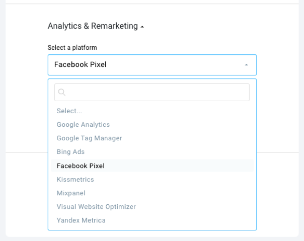 Choose facebook pixel in GetResponse Landing Pages - Analytics and Remarketing.