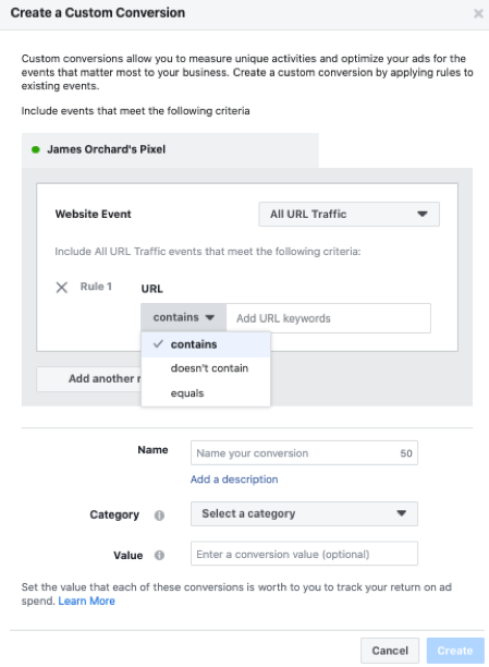 How to set Facebook Pixel events - set custom conversion.