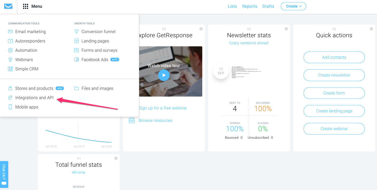 Accessing the Integrations and API section in GetResponse dashboard.