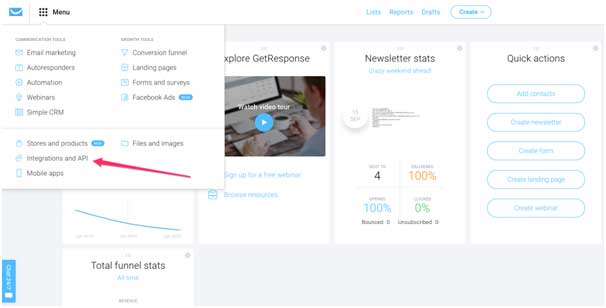 Скриншот главного меню аккаунта и раздела Интеграции и API в платформе ГетРеспонс