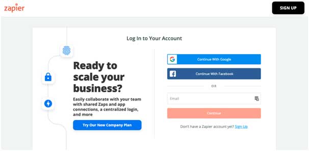 Скриншот страницы входа в Zapier