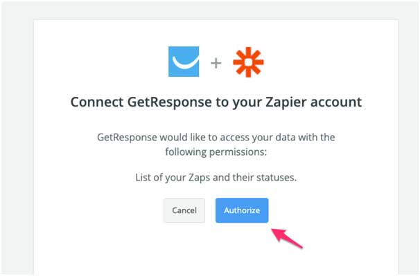 Скриншот запроса дать GetResponse доступ к данным аккаунта Zapier