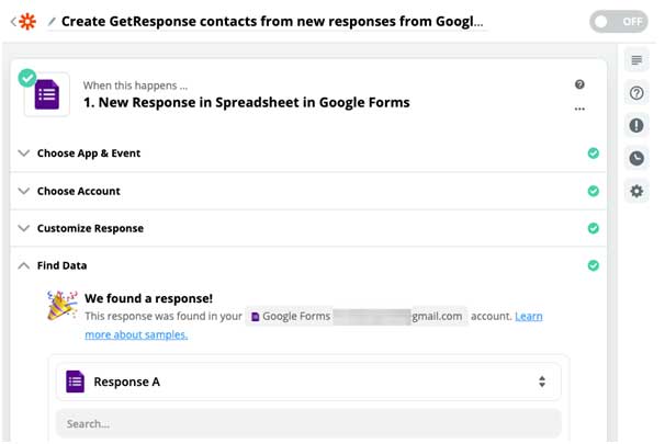 Скриншот настройки параметров таблицы в Google Forms