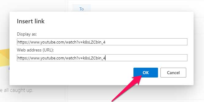 инструкции как вставить ссылку на видео в письмо Outlook – завершающий шаг
