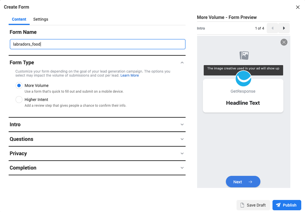 Creating lead form in Facebook Lead ads.