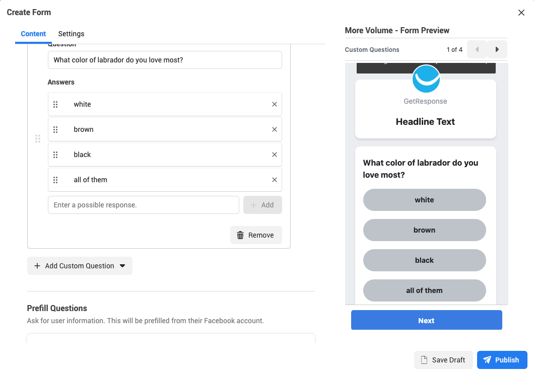 Screenshot showing the process of creating lead form in Facebook Lead ads.