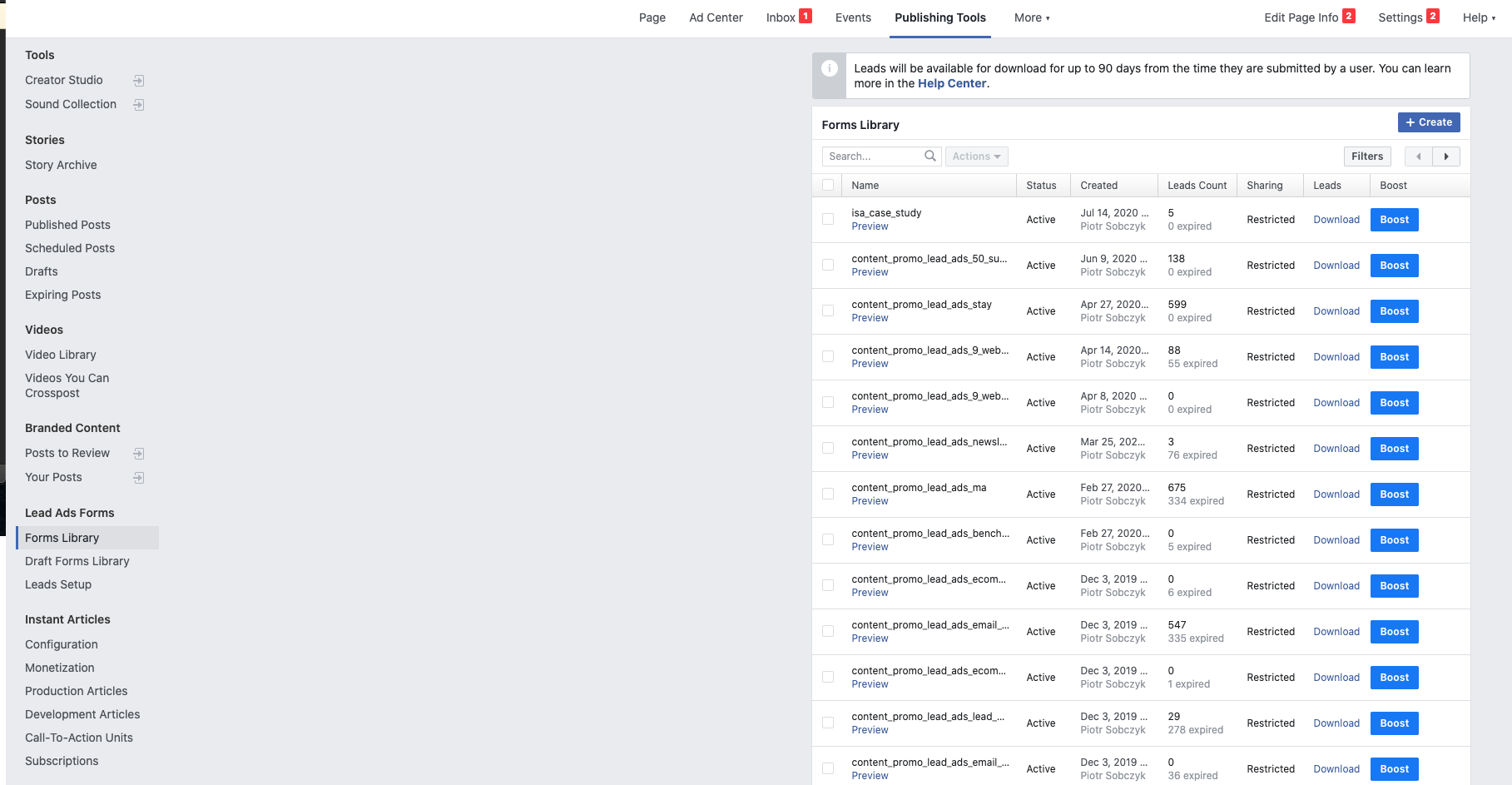 Image showing the Facebook publishing tools where you'll find the option to export your new leads so that you can later import them into GetResponse.