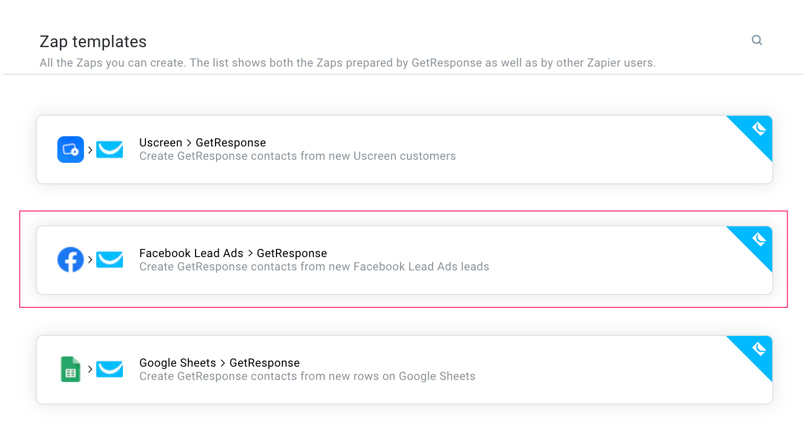 Image showing Zap templates inside of GetResponse and highlighting the Facebook Leads ads and GetResponse automation.