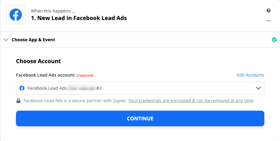 Choosing your Facebook Lead Ads account.