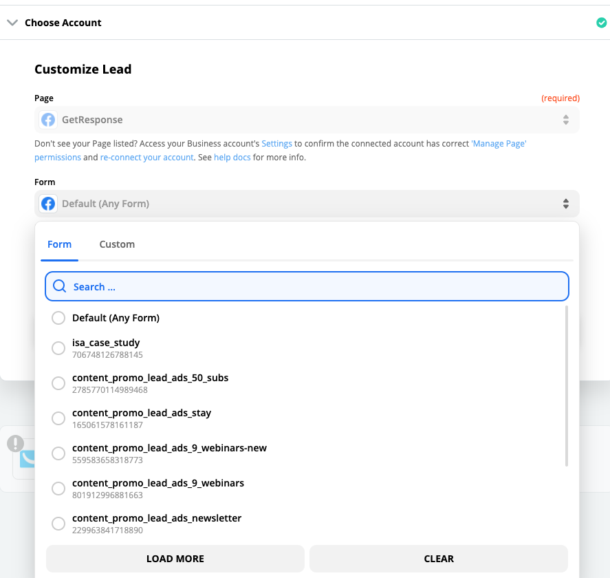 Selecting which lead form to automatically send your contacts from.