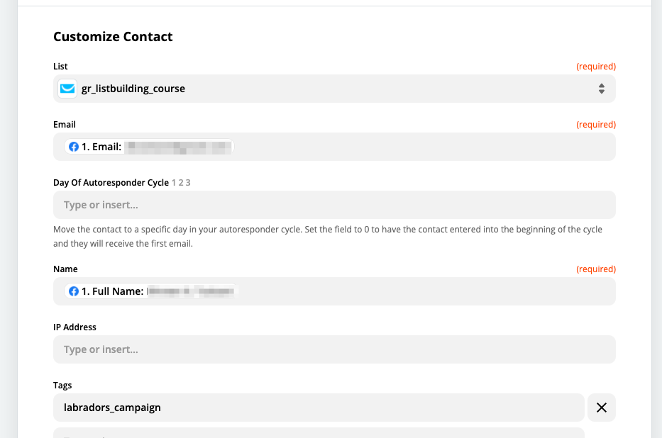 Customizing the contact that'll be sent to GetResponse via Zapier.