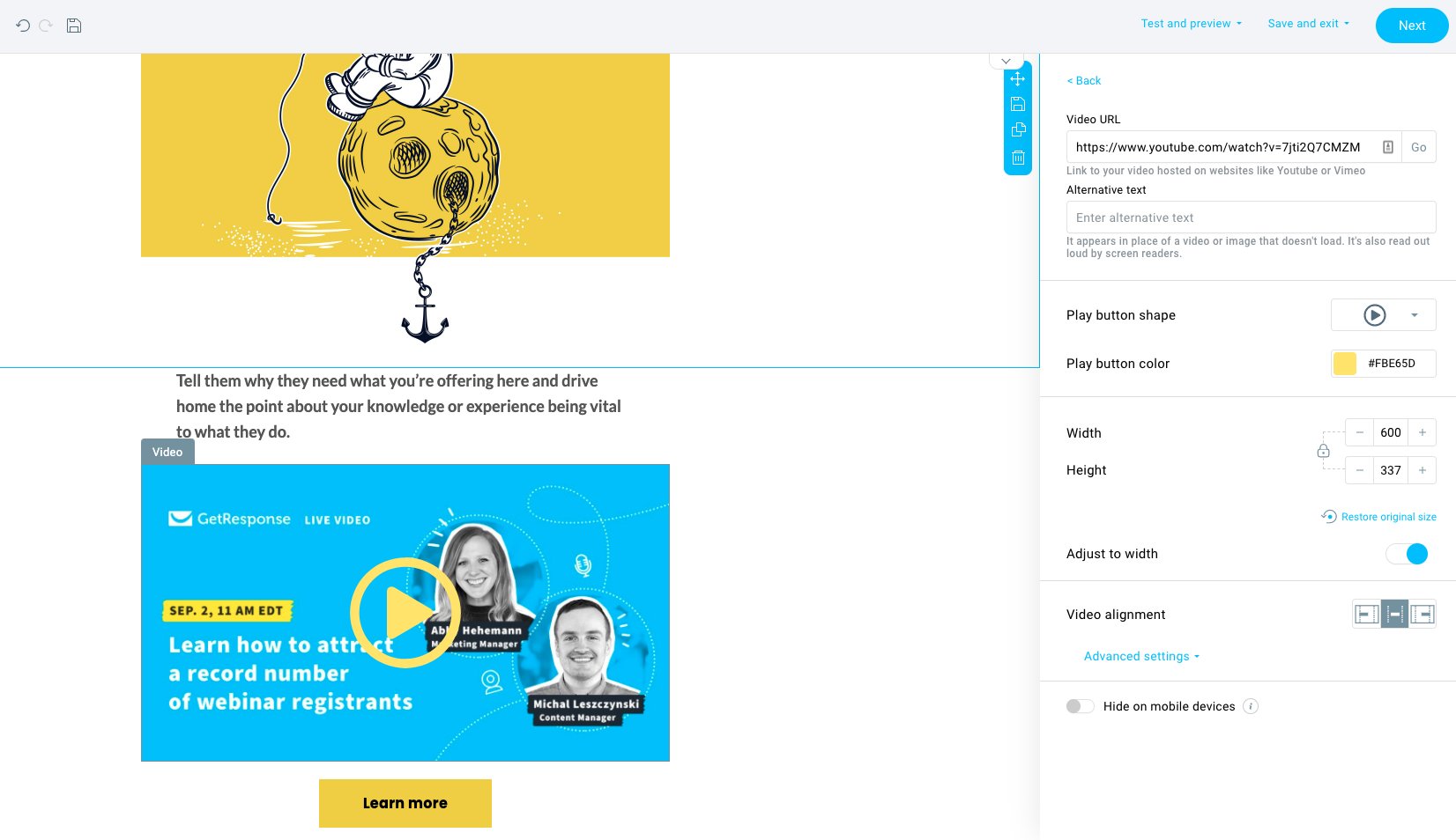 Adding video to email in GetResponse.