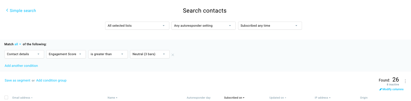 GetResponse search contacts view in Lists tab.